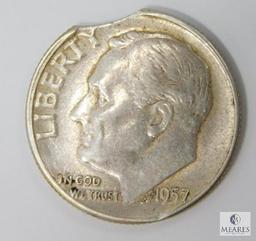 1957 Roosevelt Dime, Clipped Planchet At 11:30