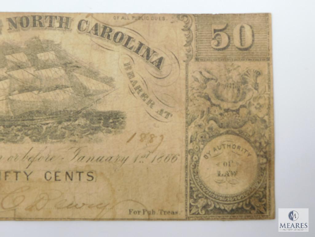 Jan. 1st, 1866/Sept. 1st, 1862 Raleigh, State Of North Carolina 50 Cents Note