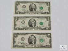 Three $2.00 Federal Reserve Notes, Sequential Serial #'s, Choice Crisp UNC 63