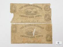 Two 1863 State Of Alabama Twenty Five Cents Note