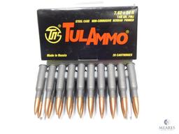 20 Rounds TulAmmo 7.62x54R 148 Grain FMJ Steel Case