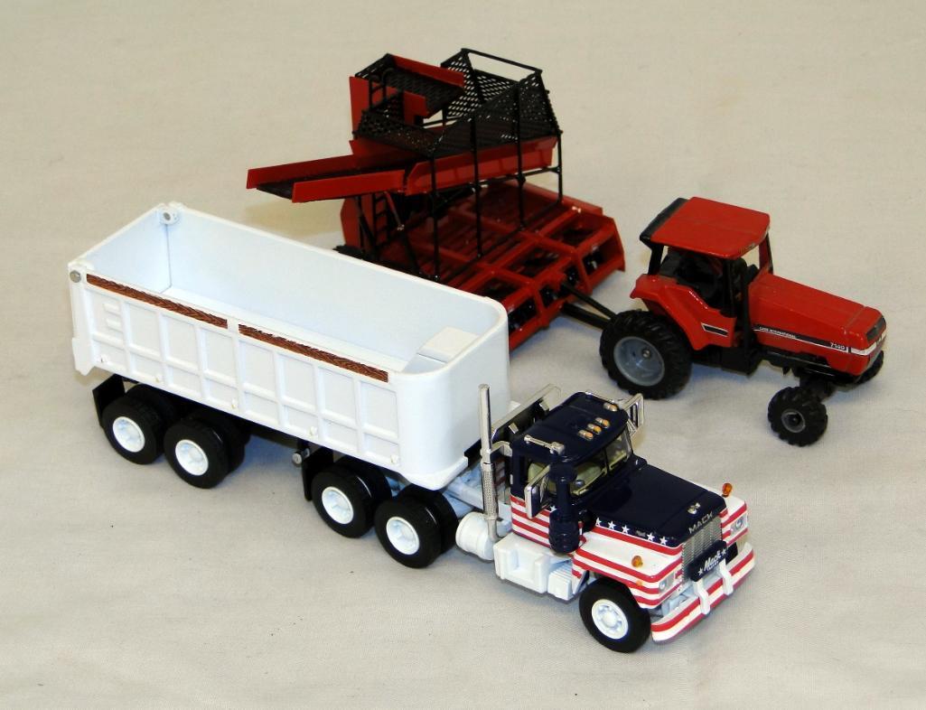 MACK TRUCKING RED WHITE & BLUE SEMI HAULER WITH CASE INTERNATIONAL 7140 AND CUSTOM FARM EQUIPMENT