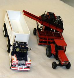 MACK TRUCKING RED WHITE & BLUE SEMI HAULER WITH CASE INTERNATIONAL 7140 AND CUSTOM FARM EQUIPMENT