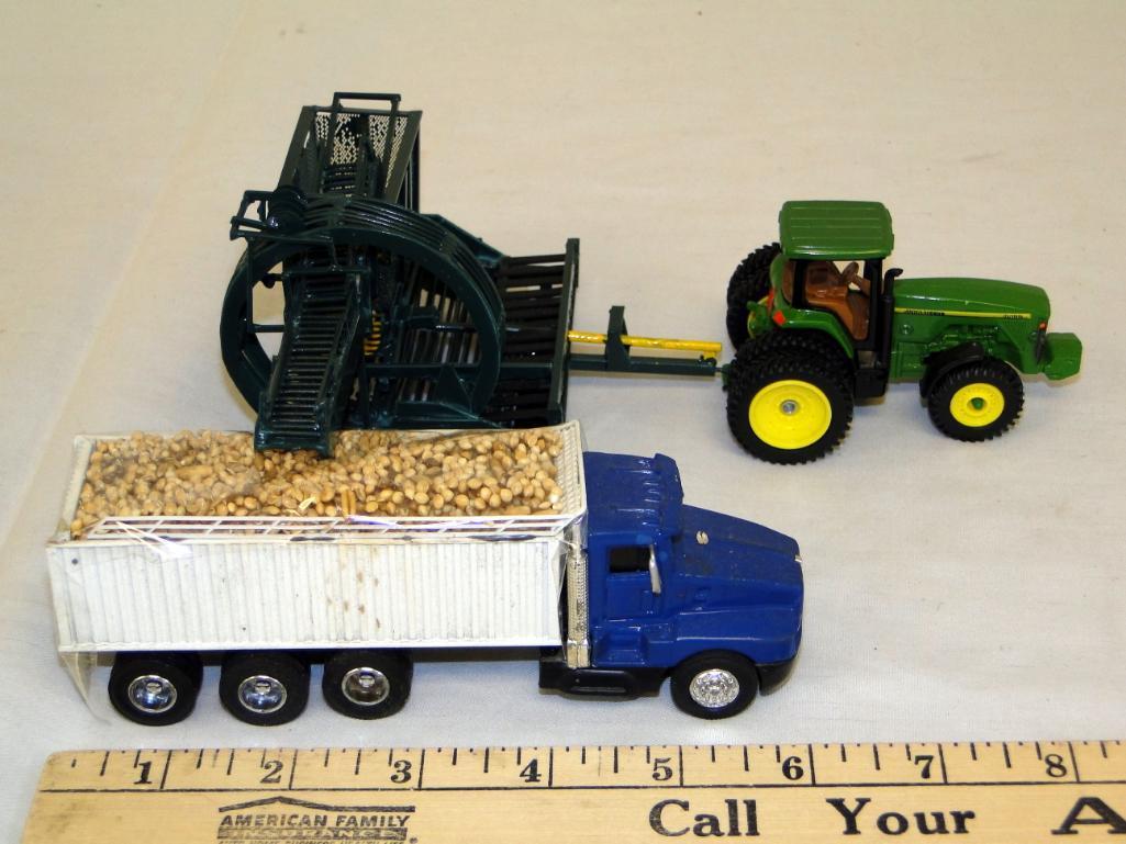 CUSTOMIZED ERTL KENWORTH SEMI TRUCK WITH HAULING TRAILER AND JOHN DEERE 8400 TRACTOR AND CUSTOM FARM