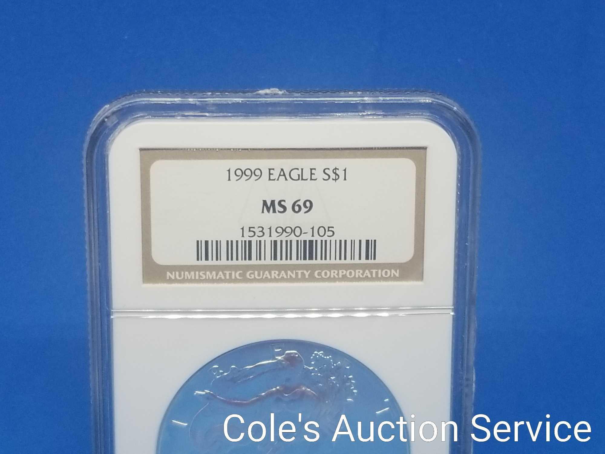 1999 US Mint American silver eagle dollar. Graded MS69 by NGC.