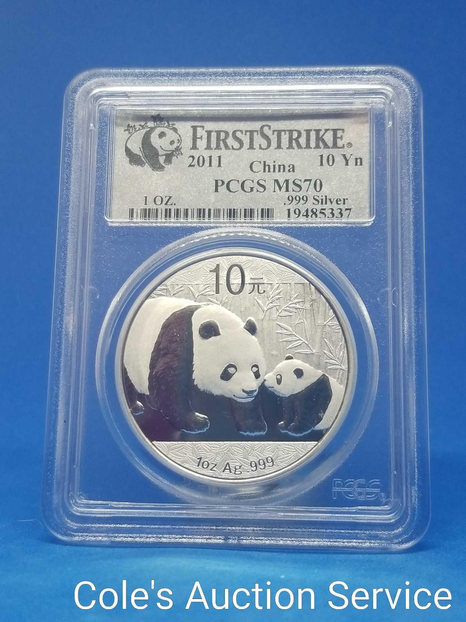 2011 first strike China 1 oz silver Panda coin. Beautiful coin graded MS70 by PCGS.