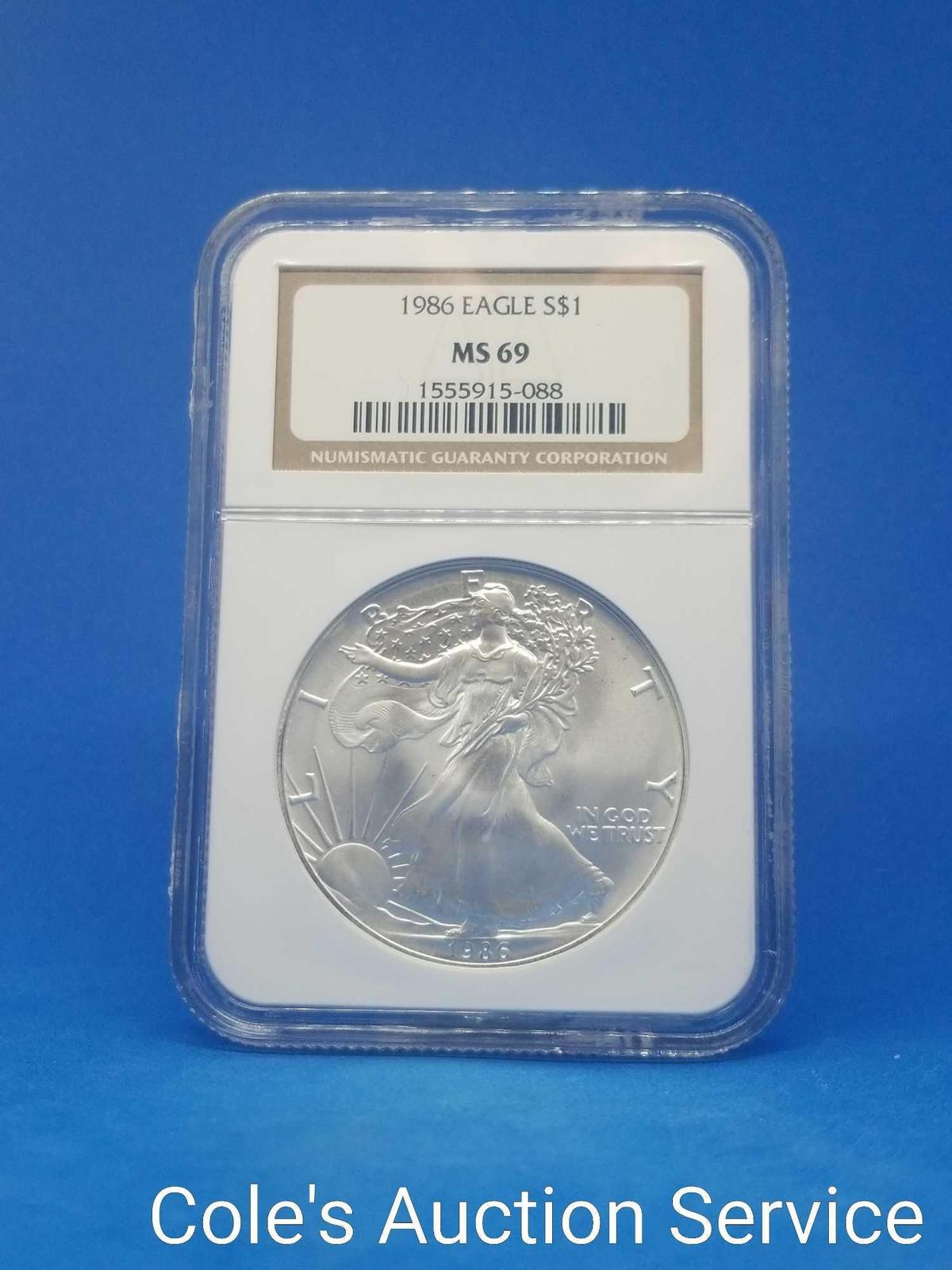 1986 United States mint silver eagle dollar. Graded MS69 by NGC.