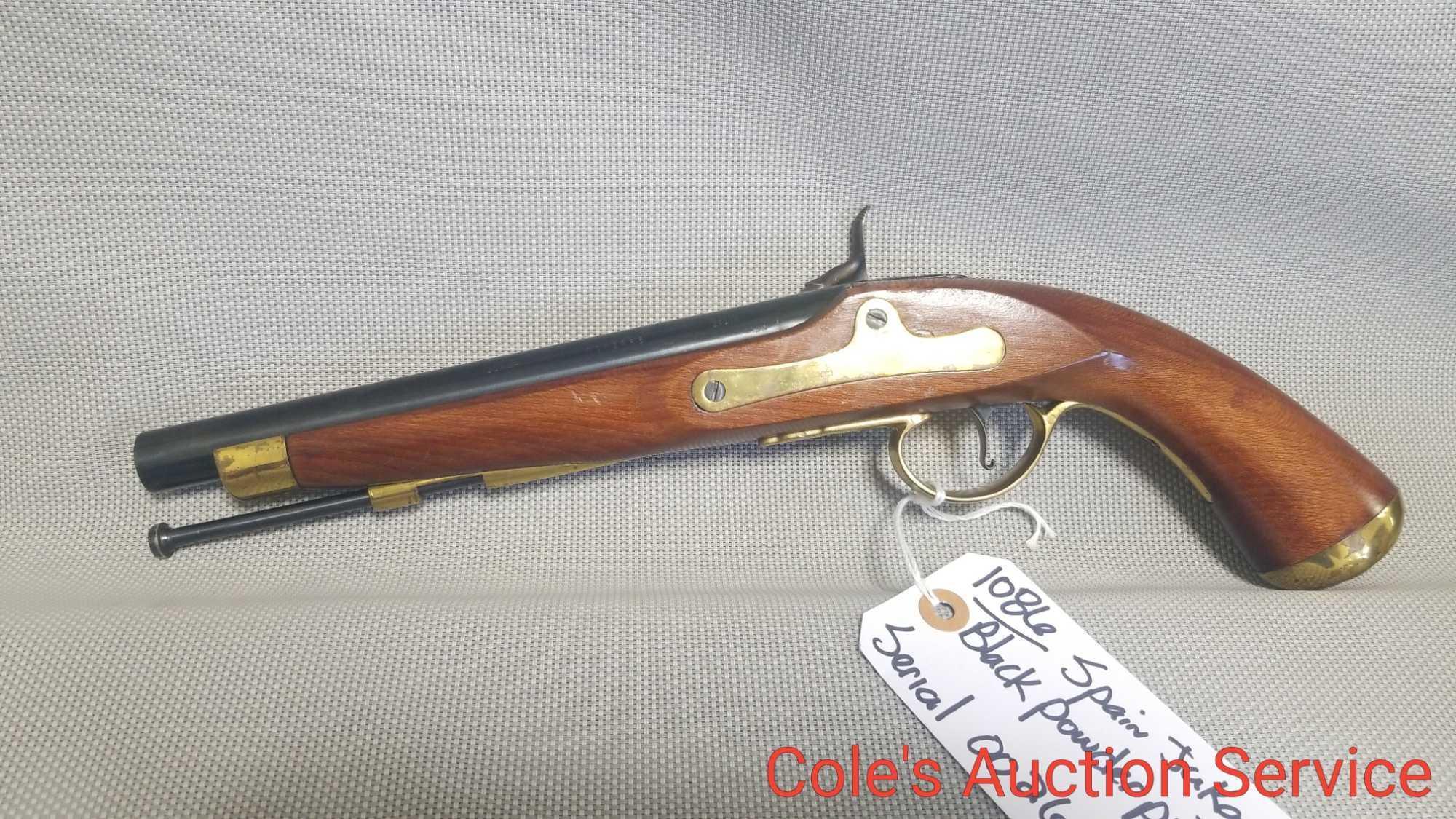 Black powder pistol marked Jukar Spain serial number 002665. Measures 15 in overall with a 9 inch