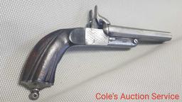 Antique pinfire double-barrel pistol that looks to be in good complete condition. See photos for