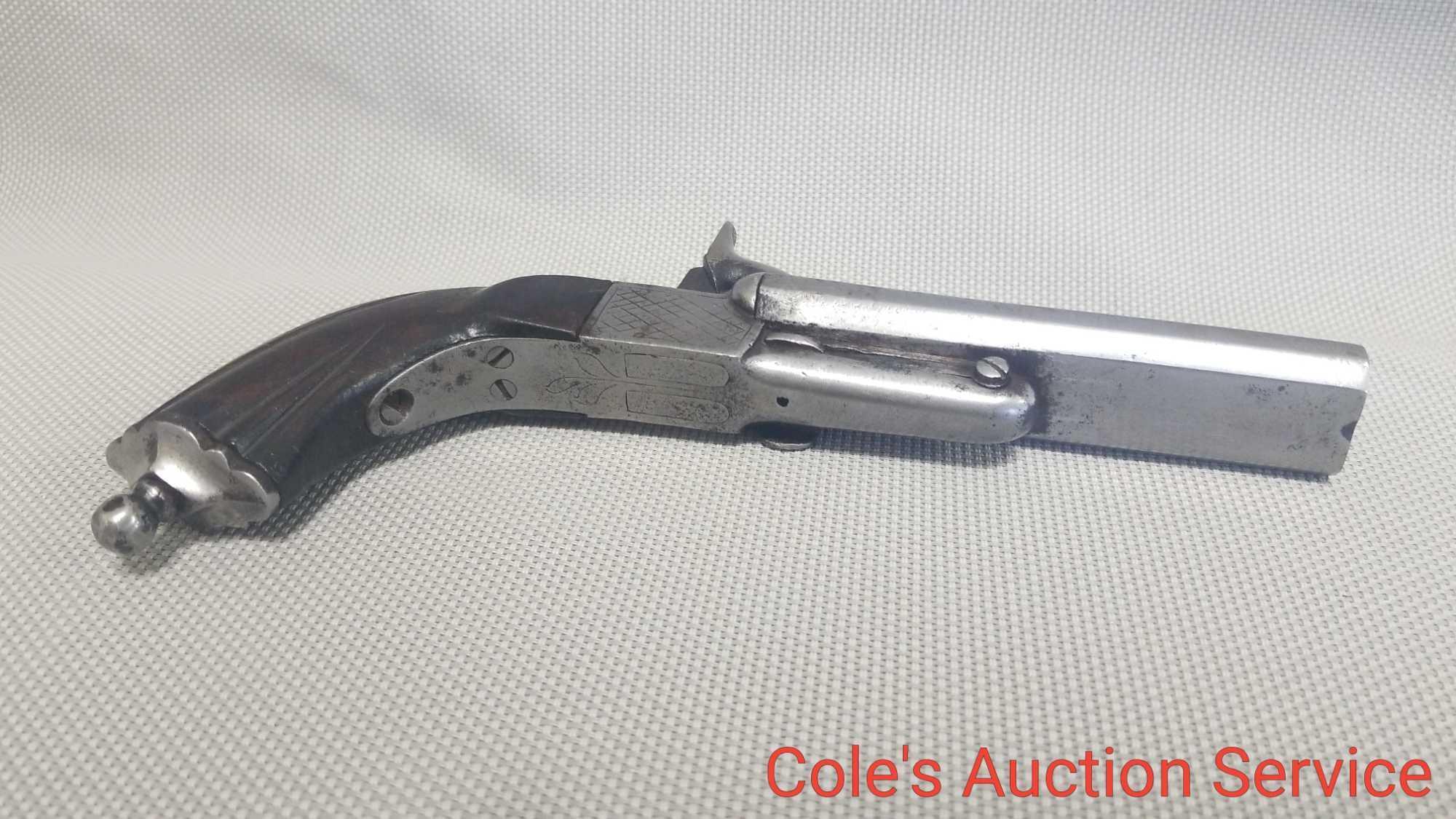 Antique pinfire double-barrel pistol that looks to be in good complete condition. See photos for