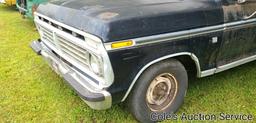 1973 Ford F100 pickup truck. No title. V8 engine with automatic transmission. Odometer says 91,000