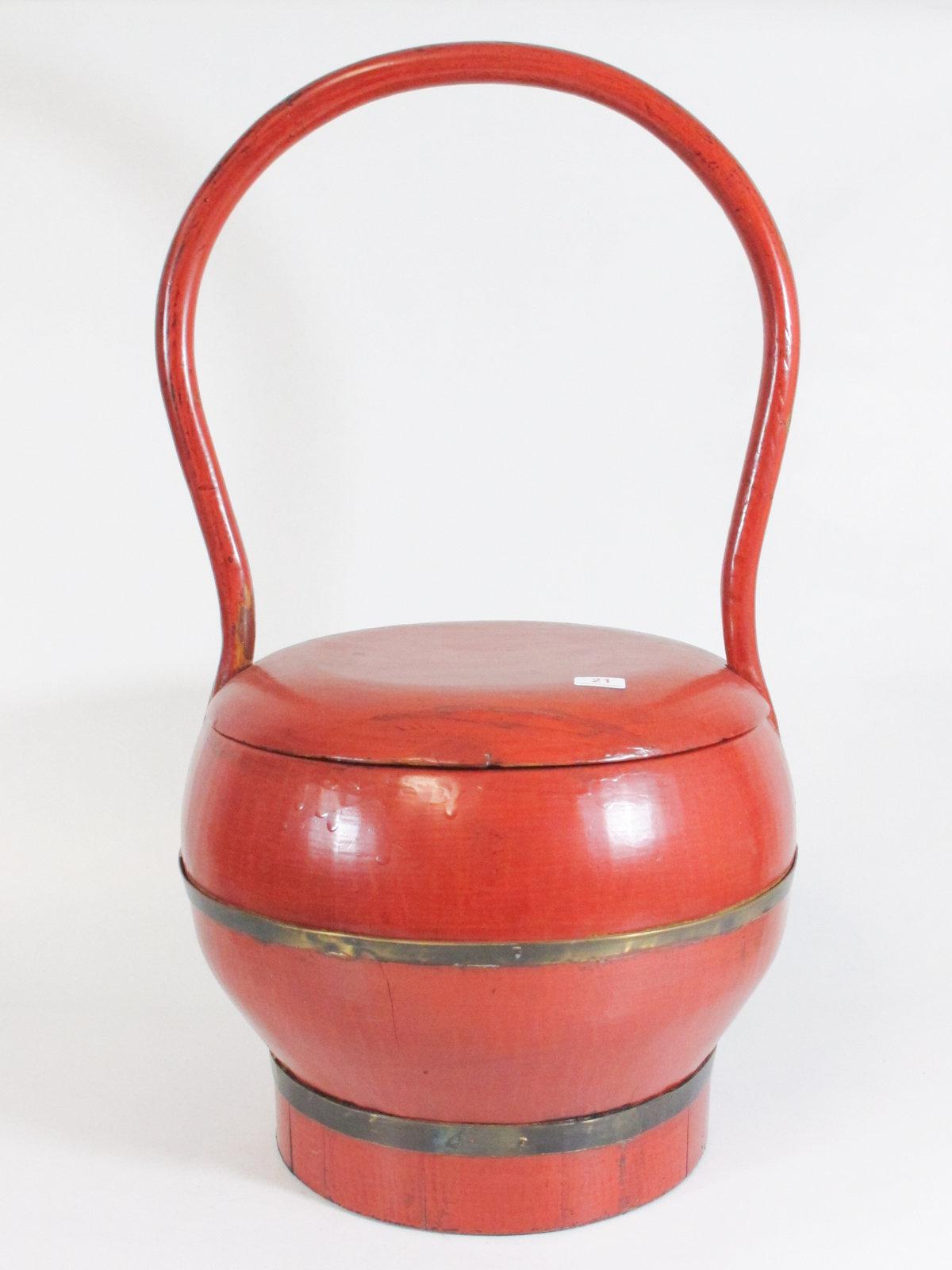 18" Red Chinese Wooden Bucket With Lid