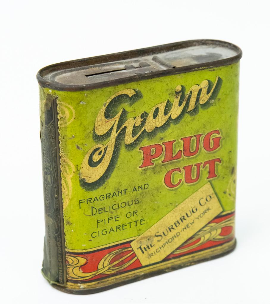 Grain plug cut pocket tobacco tin