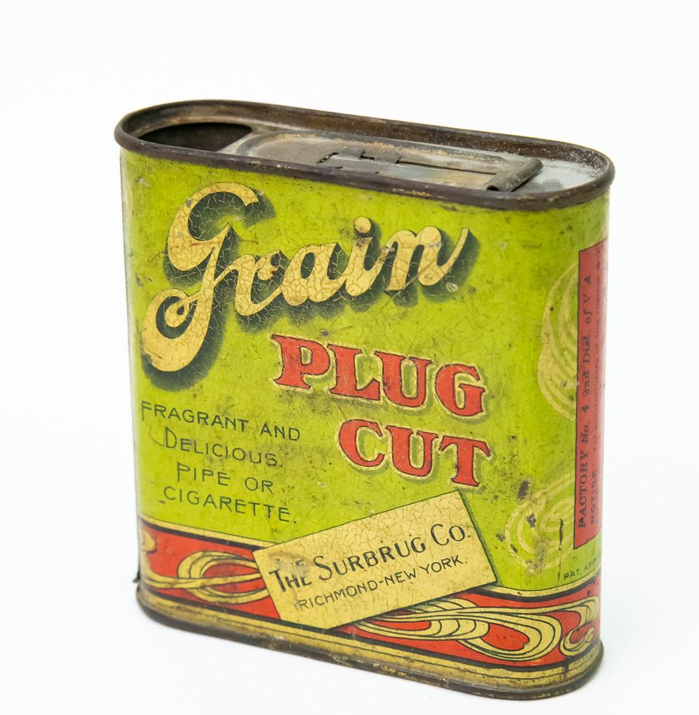Grain plug cut pocket tobacco tin