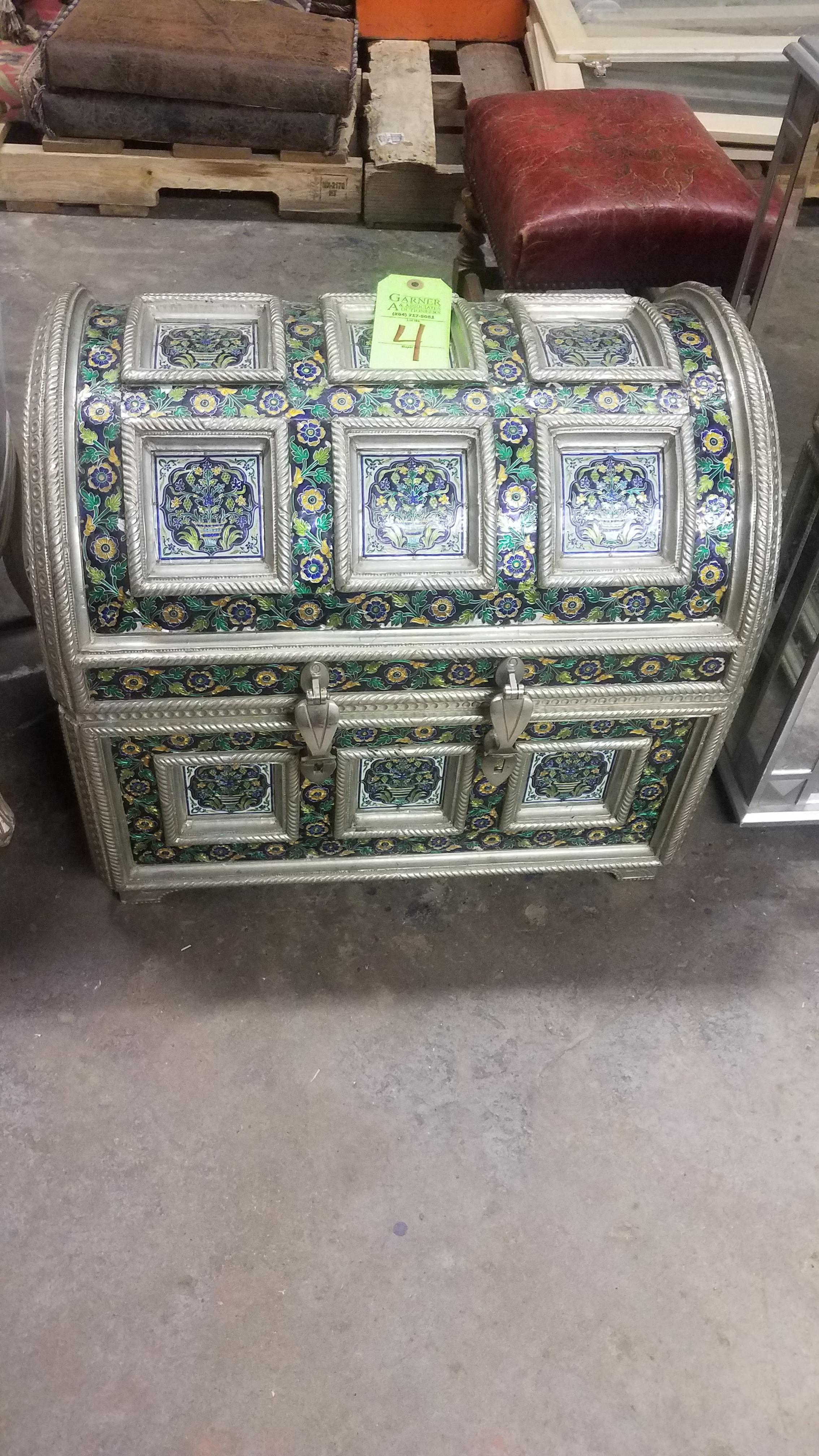 Embossed Metal Cloisonné Trunk With Blue Velvet Lining