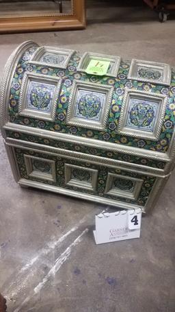 Embossed Metal Cloisonné Trunk With Blue Velvet Lining