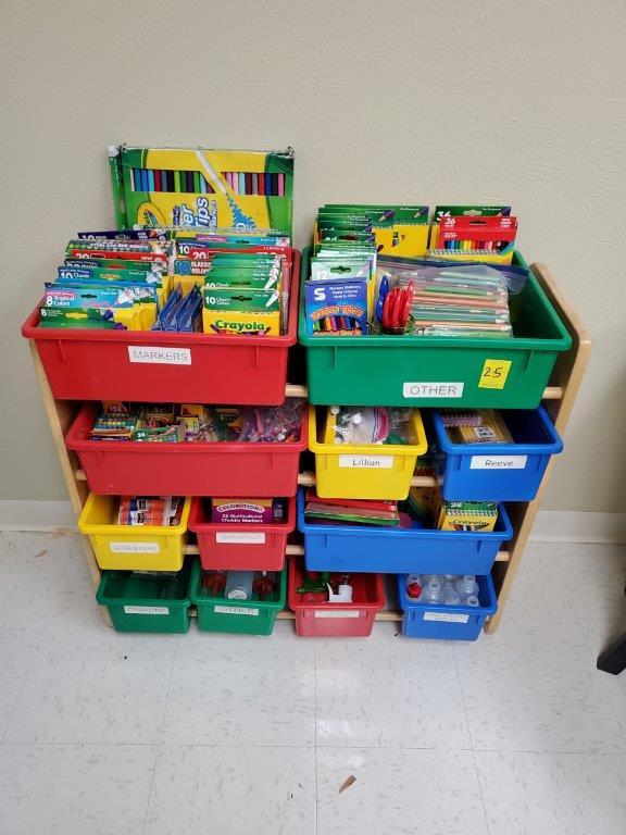 Kids' Toy Storage Organizer With 12 Plastic Bins Full Of School Supplies