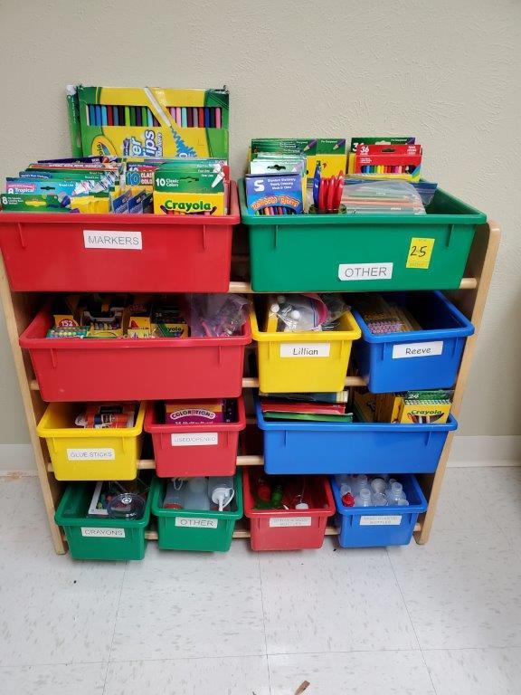 Kids' Toy Storage Organizer With 12 Plastic Bins Full Of School Supplies