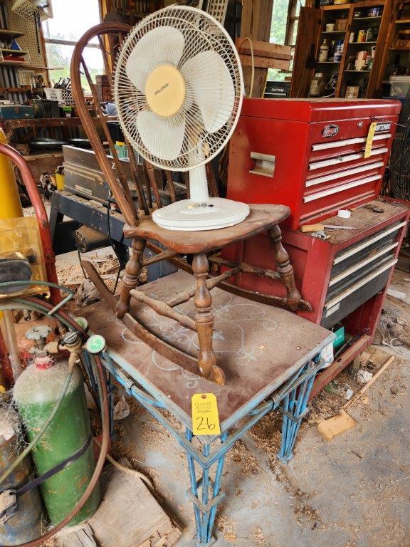 Vintage Wood Rocker, Metal Table, & Fan
