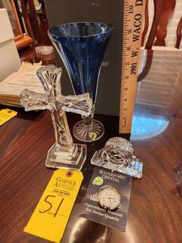 Waterford Crystal- Sapphire Vase, Cross, & Swiss Quartz Time Piece