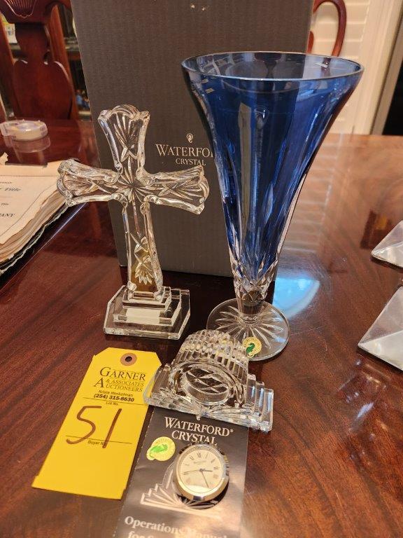 Waterford Crystal- Sapphire Vase, Cross, & Swiss Quartz Time Piece