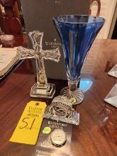 Waterford Crystal- Sapphire Vase, Cross, & Swiss Quartz Time Piece