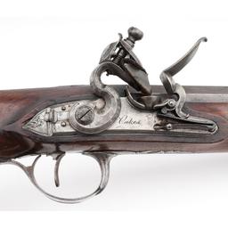 Cased Set of Saw Handle Flintlock Dueling Pistols by Oakes of London