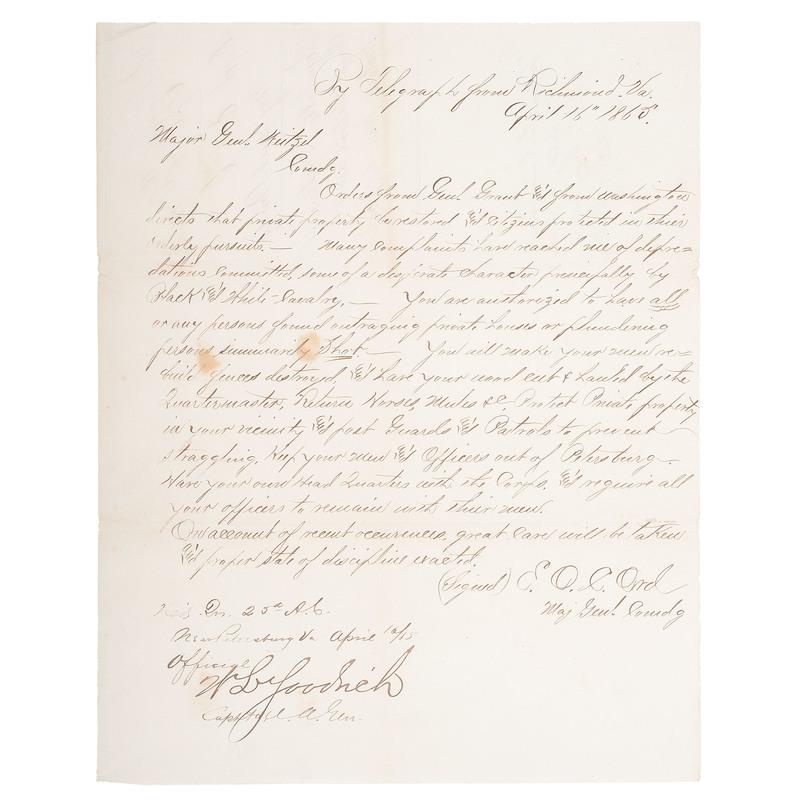 Directive From General Grant Following Lincoln's Assassination, 1865