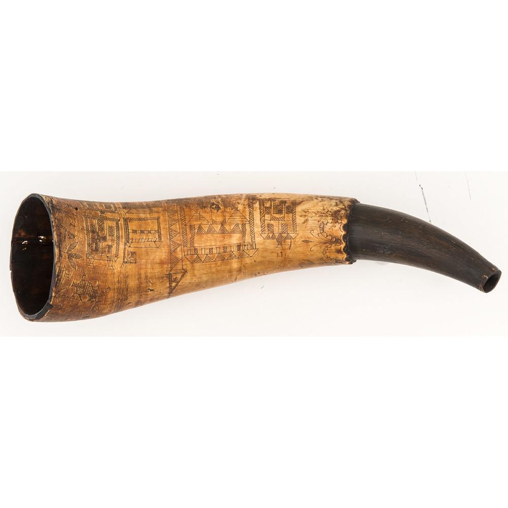 Folk Art Carved Powder Horn Identified to John Attwood, 1777
