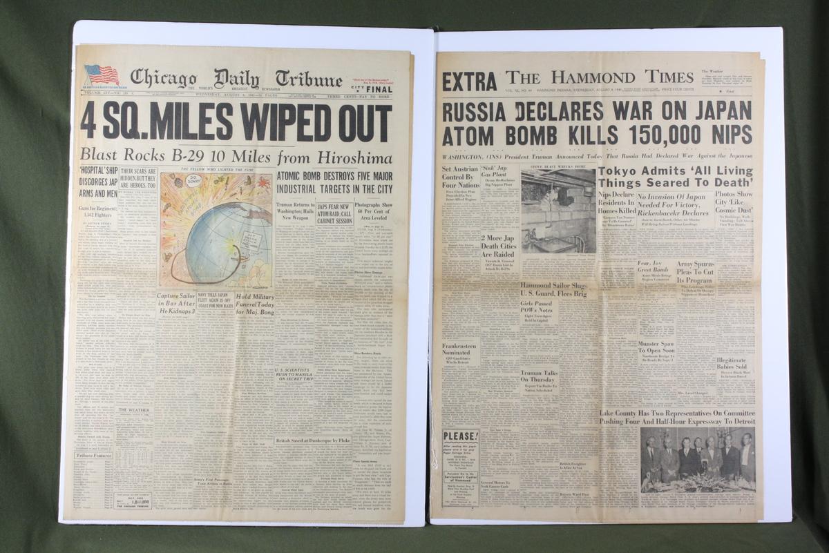 (2) Aug. 8, 1945 newspaper front pages w/atomic bomb headlines