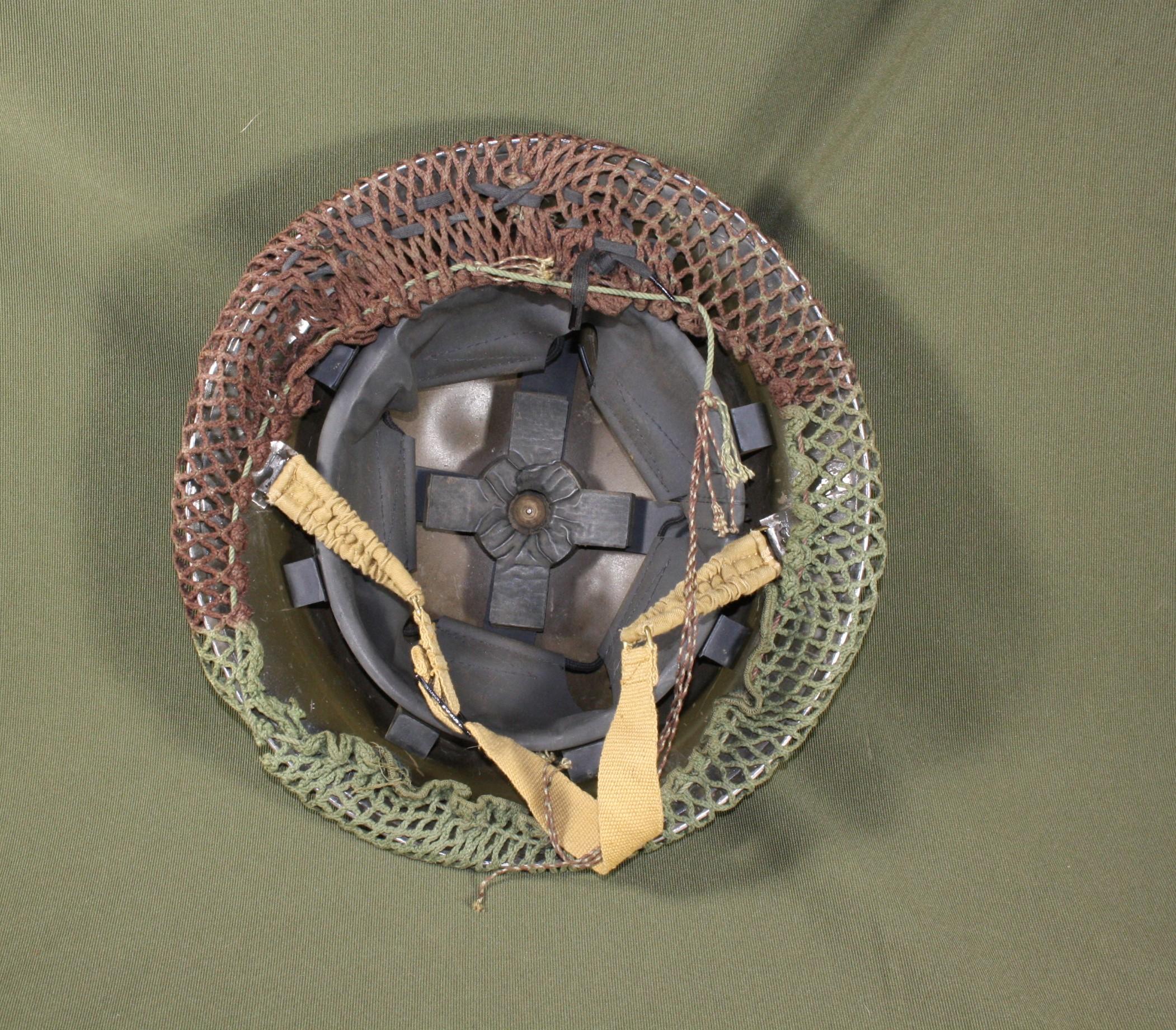 British WWII helmet w/camp net, liner and chin strap