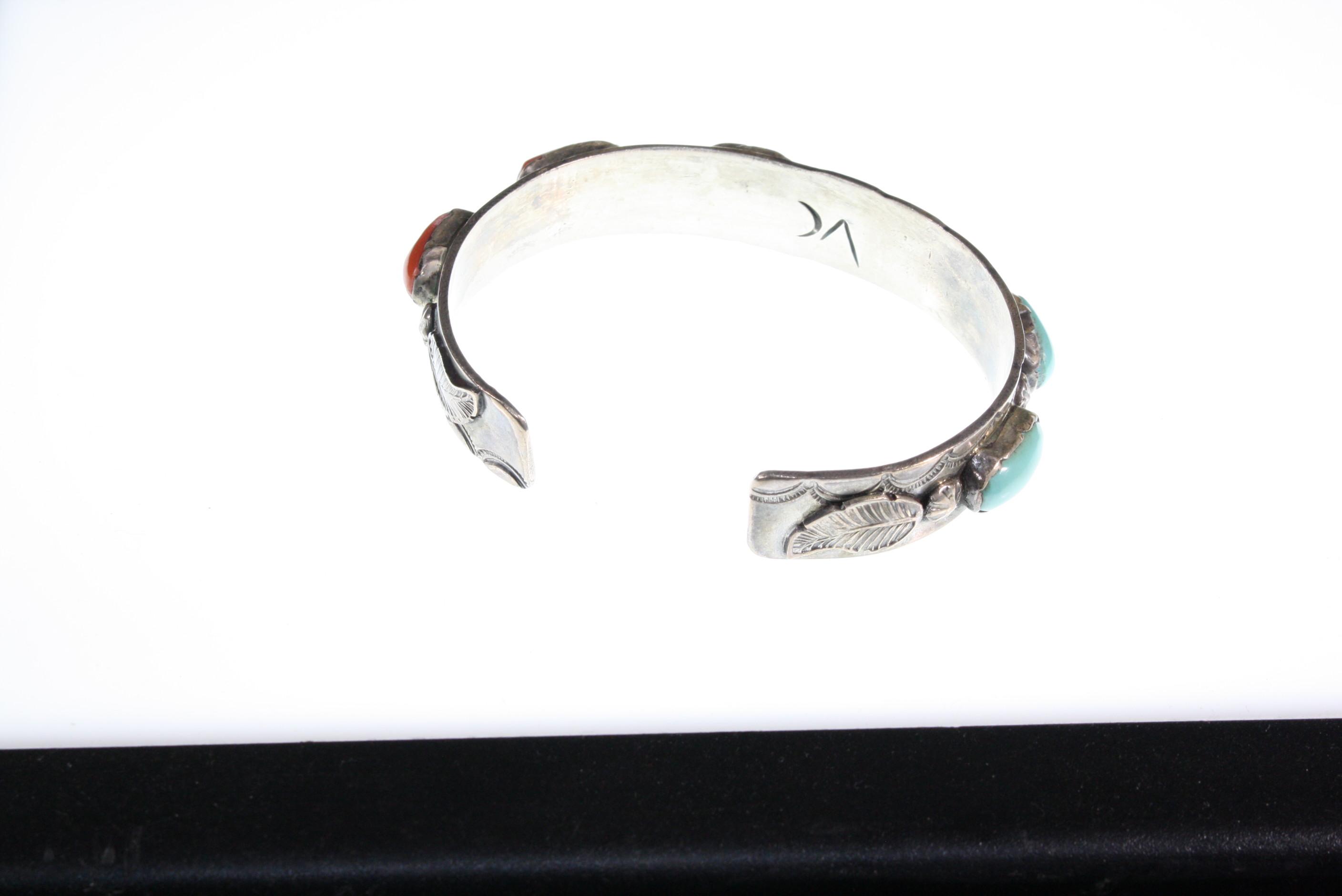 Antique silver Indian bracelet with turquoise and coral