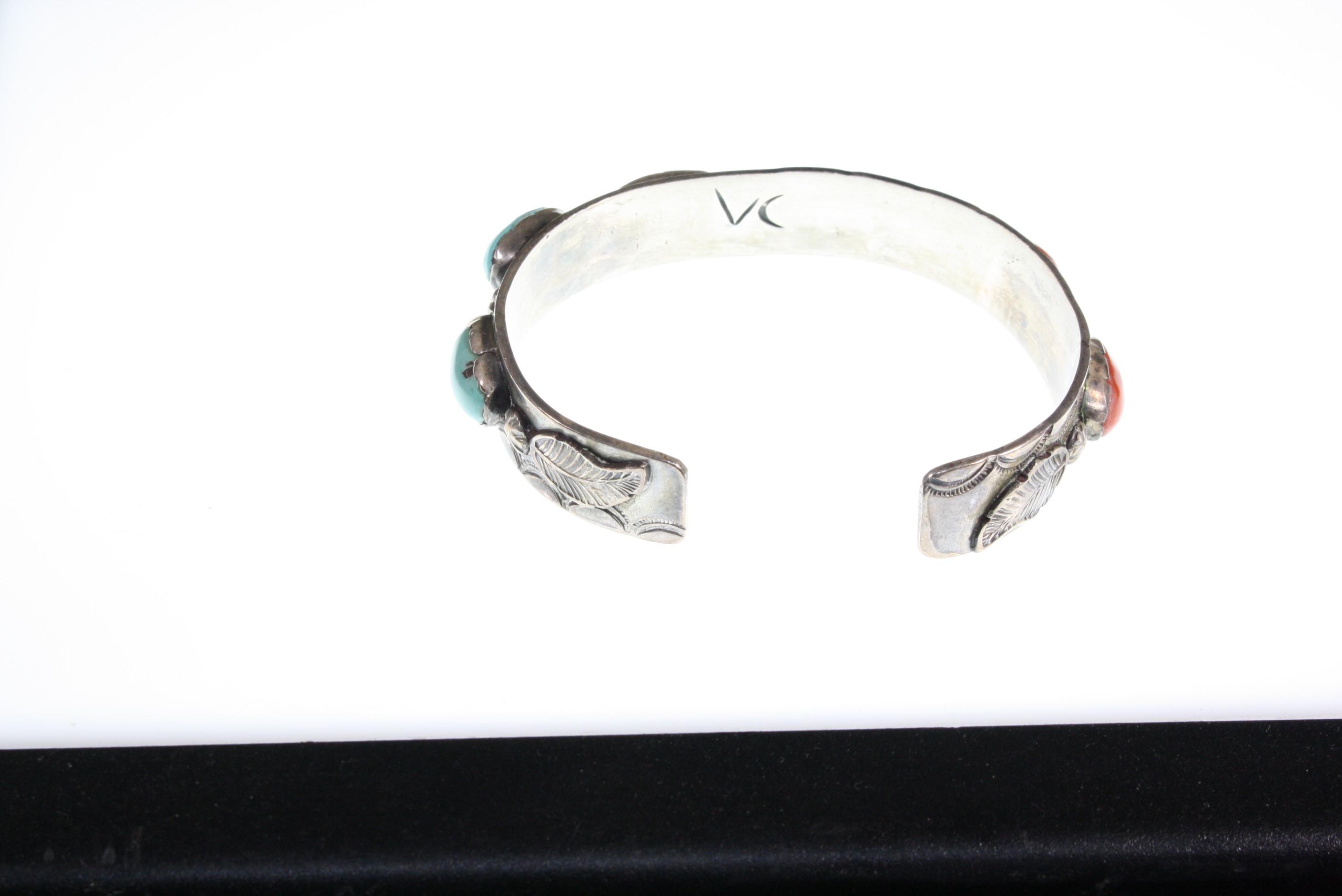 Antique silver Indian bracelet with turquoise and coral