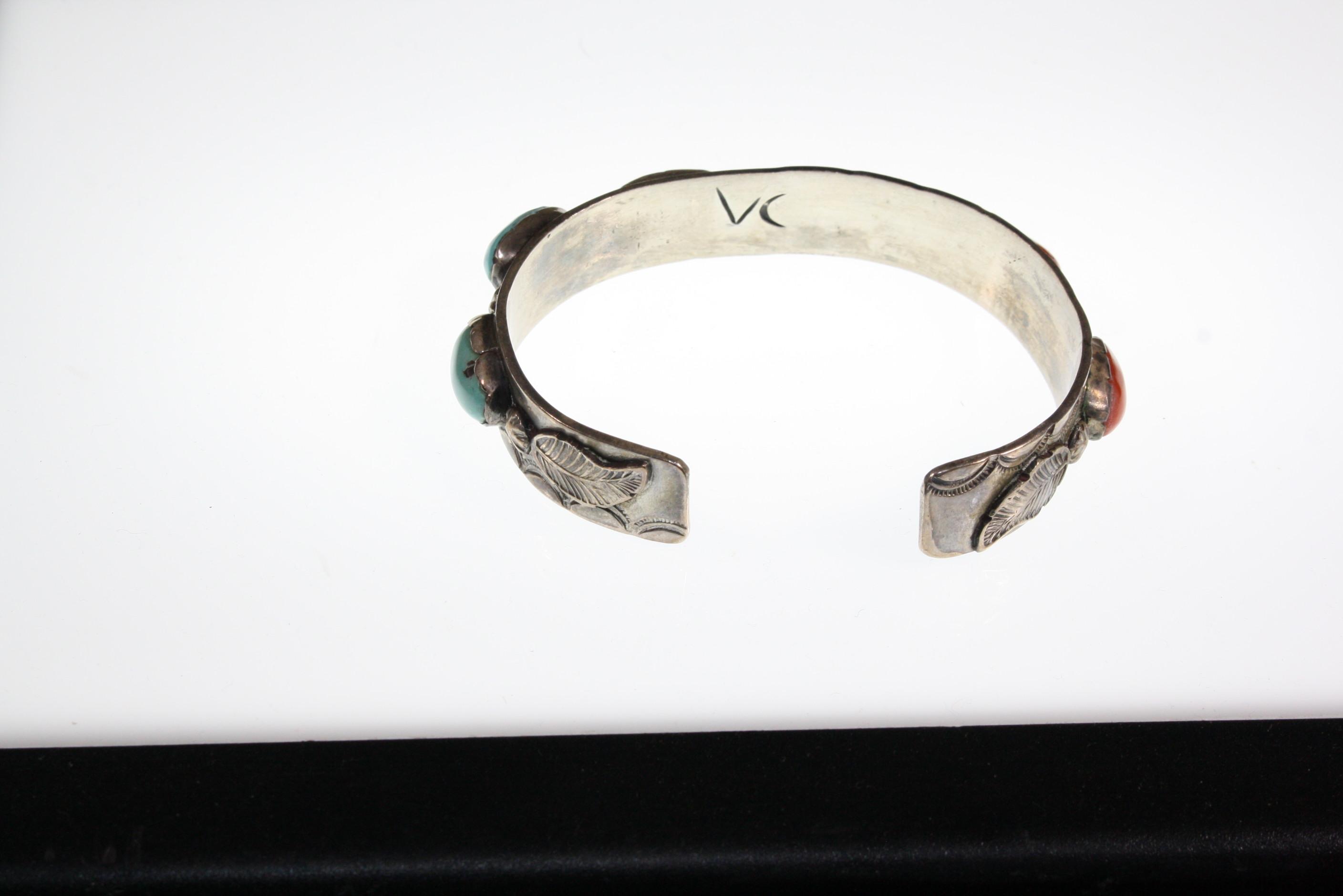 Antique silver Indian bracelet with turquoise and coral