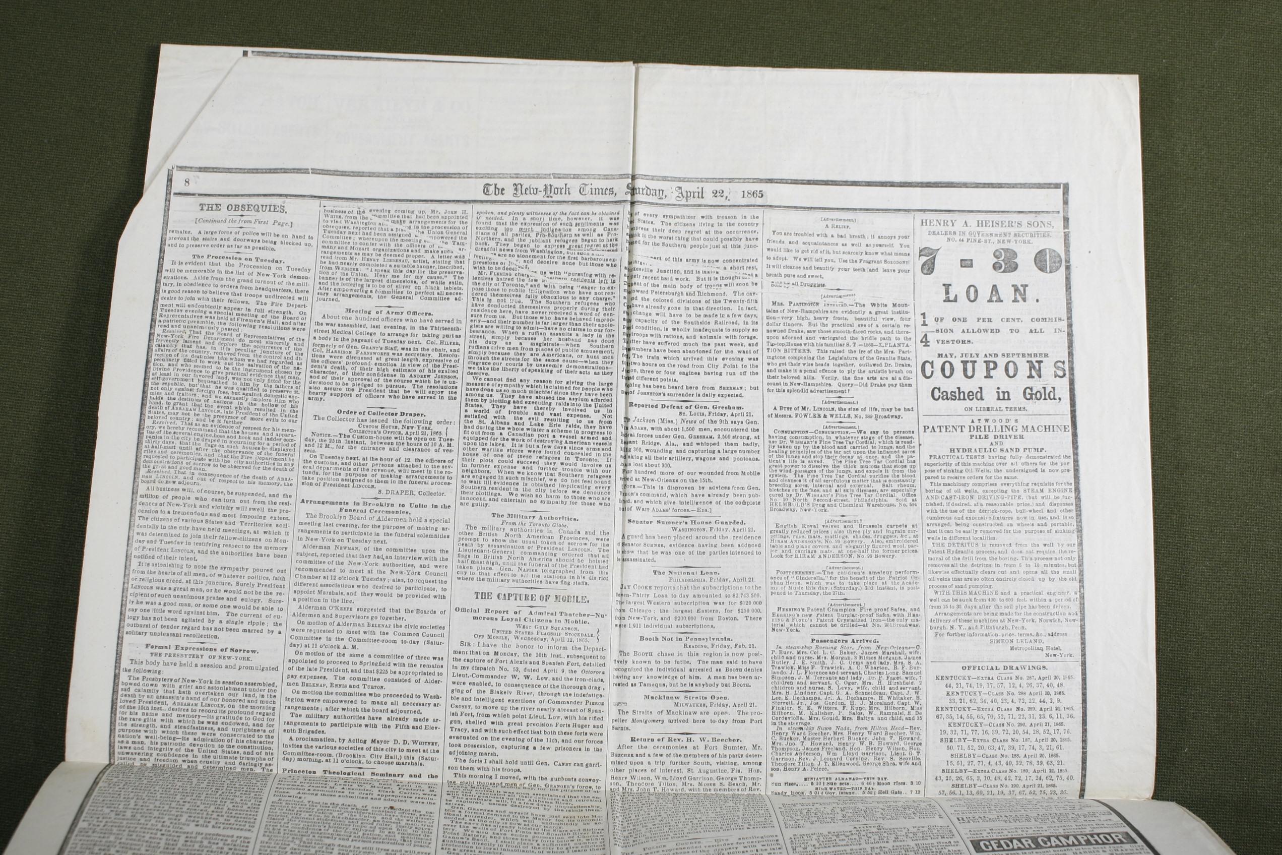 Lincoln Assassination 4/22/1865 Newspaper