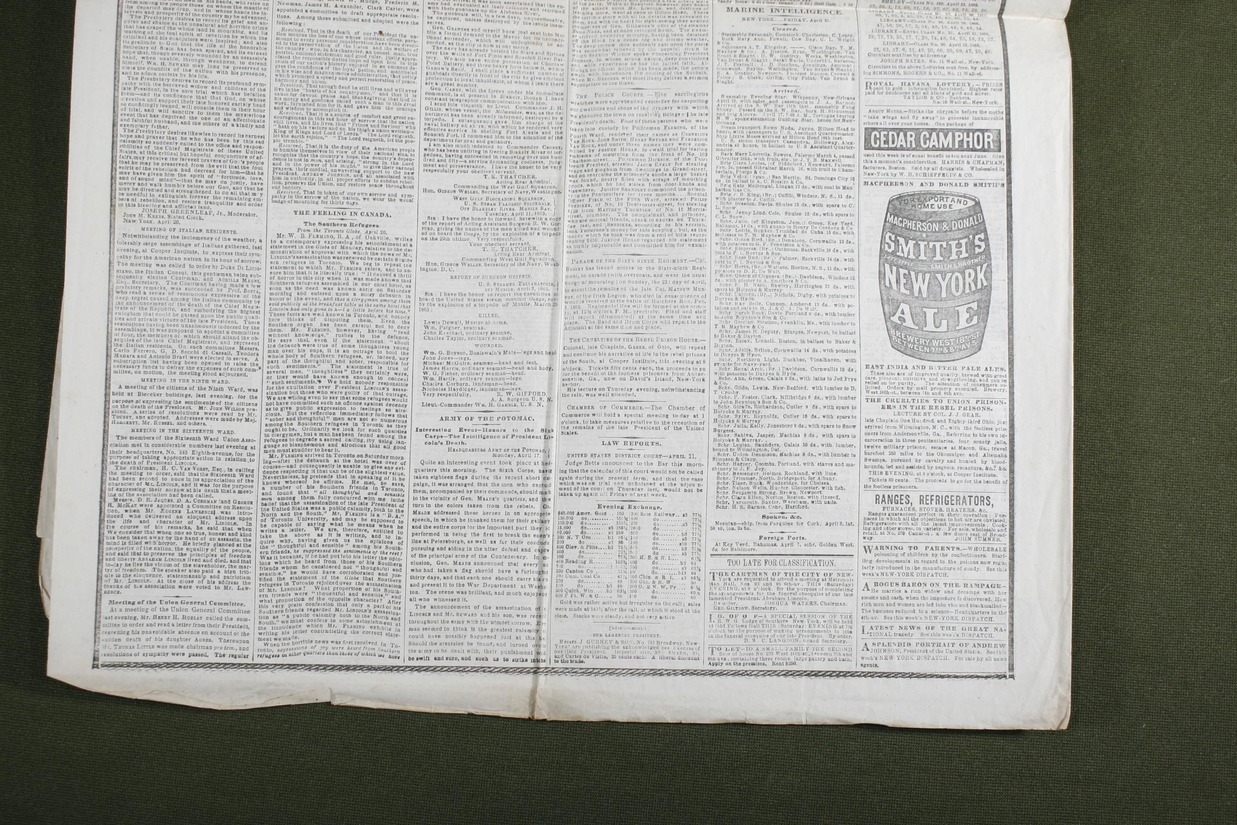 Lincoln Assassination 4/22/1865 Newspaper