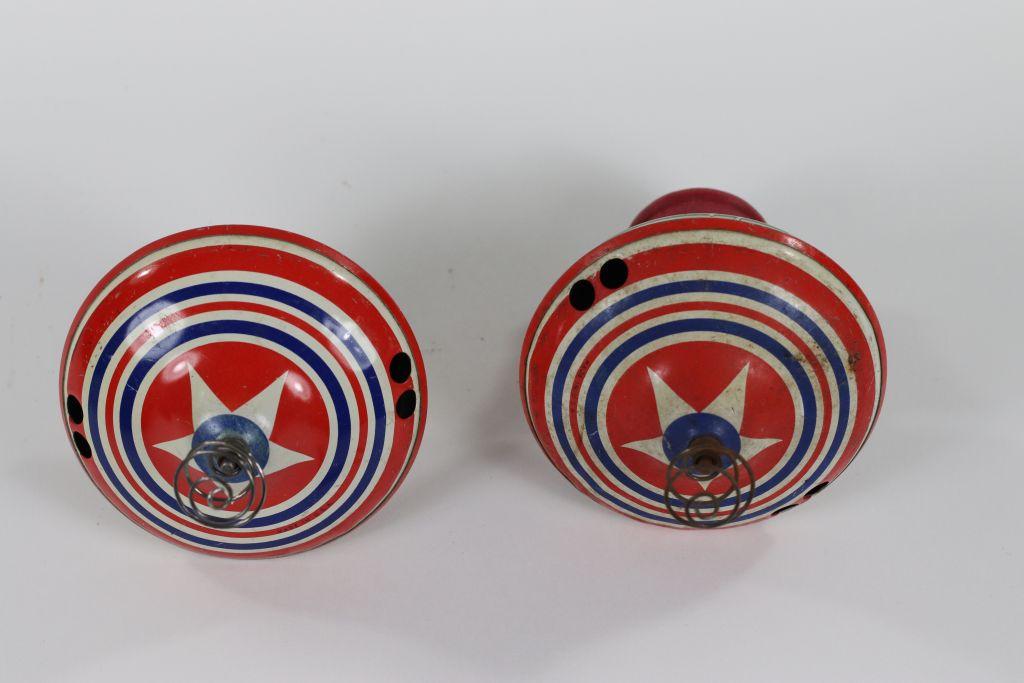 (2) antique tin litho spinning tops