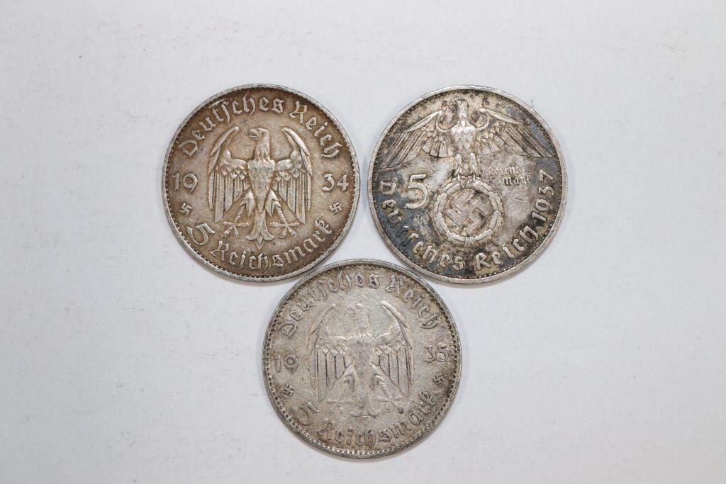 Lot (3) Nazi silver 5 Mark coins