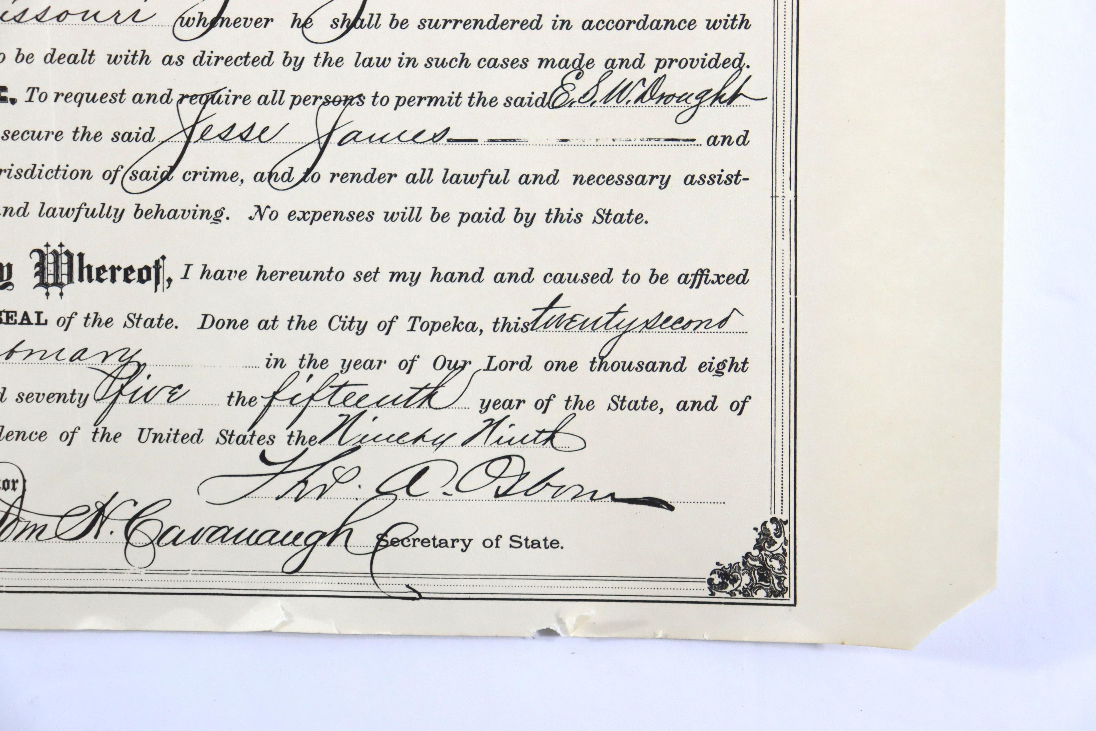 Jesse James (1875) Arrest Warrant Copy