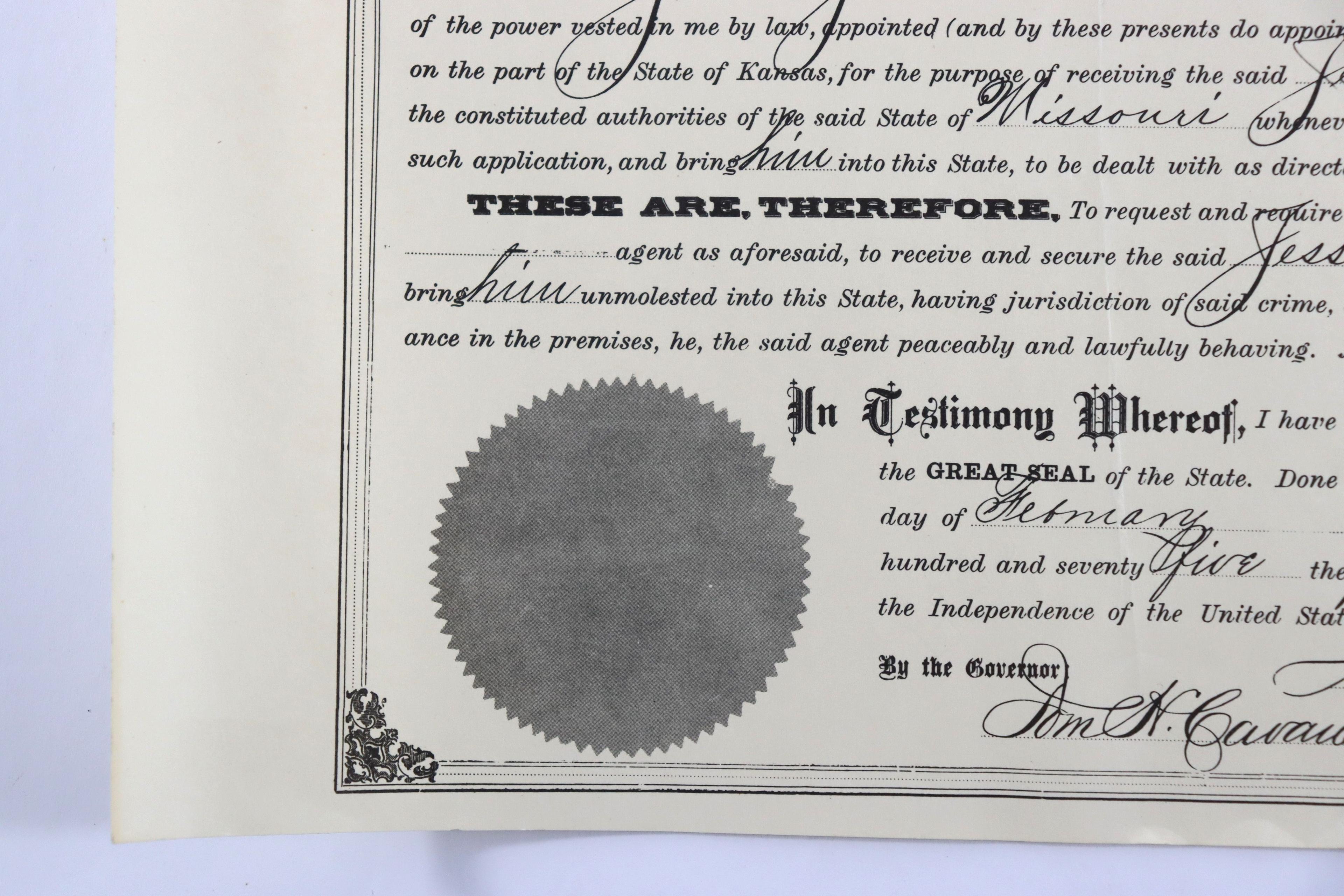 Jesse James (1875) Arrest Warrant Copy