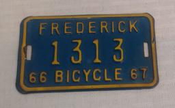 Rare Vintage Metal Official Issue Bicycle License Plate Frederick Maryland MD 1966 1967 #1313