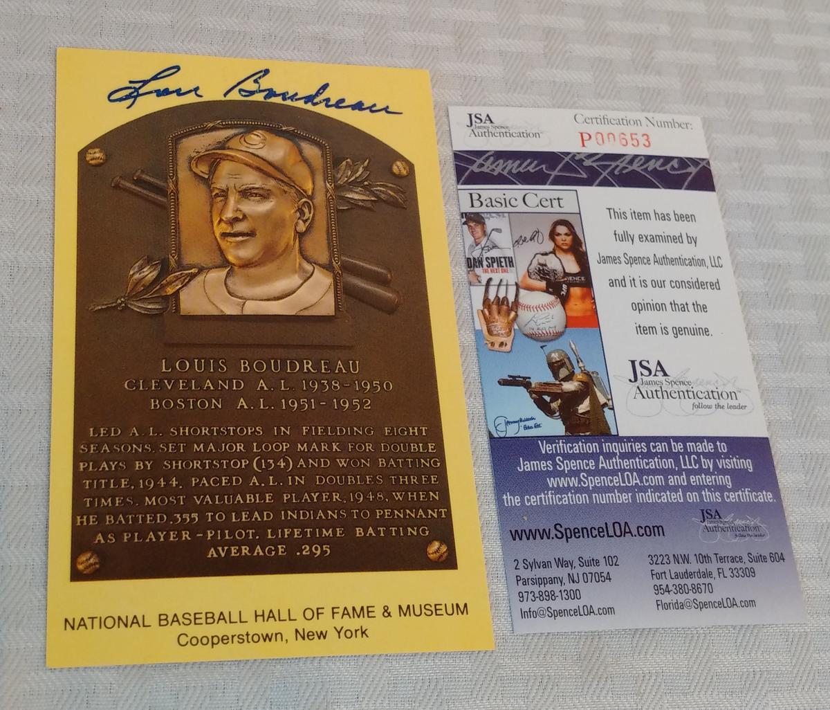 Lou Boudreau Autographed HOF Plaque Card Indians Baseball MLB JSA COA