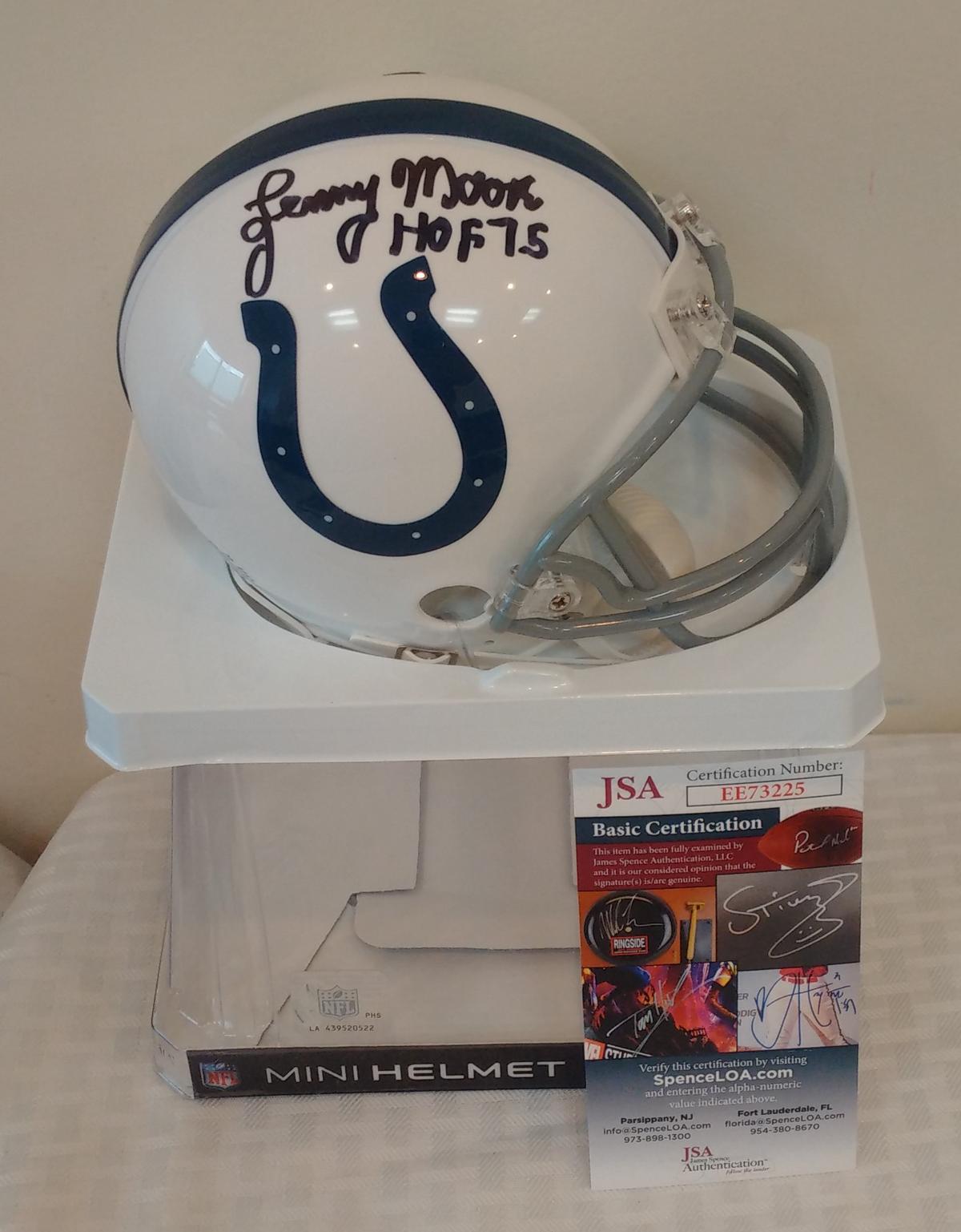 Lenny Moore Autographed Signed Mini NFL Colts Riddell Helmet JSA COA HOF Inscription