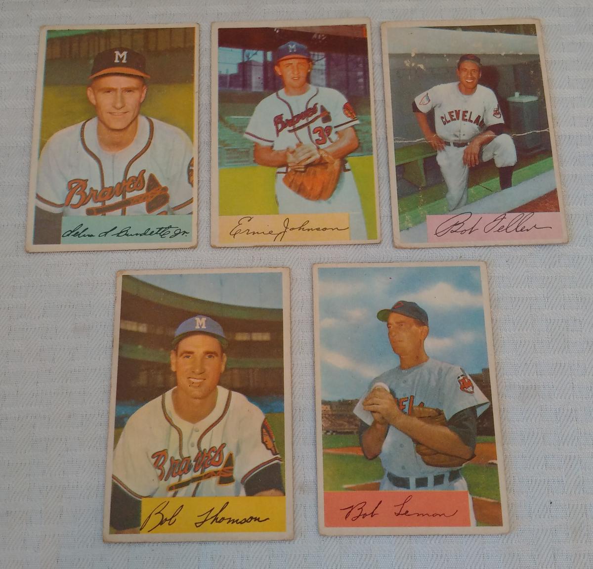 4 Vintage 1954 Bowman Baseball Card Lot Lemon Thomson Feller Johnson Burdette