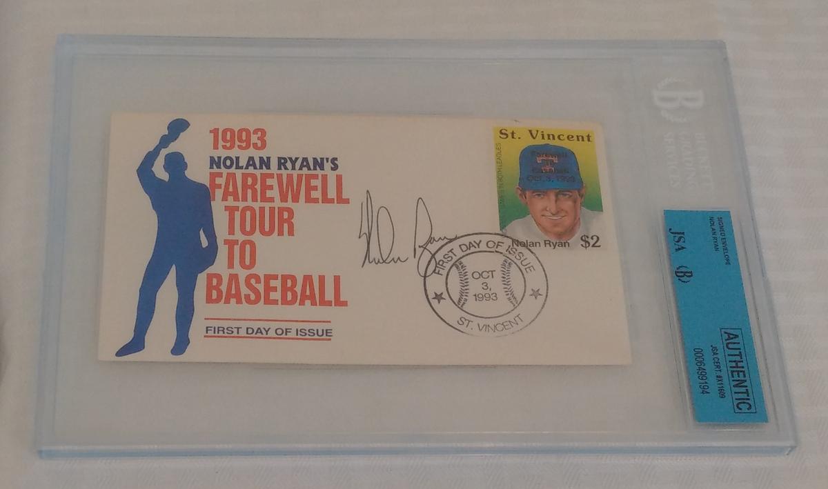 Nolan Ryan Autographed Signed Cachet Envelope Rangers HOF Beckett JSA Slabbed 1993 First Day Issue