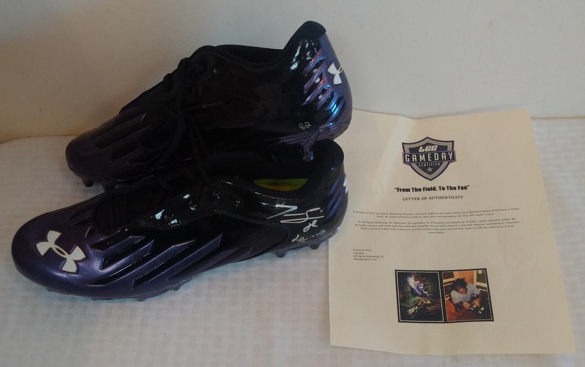 Torrey Smith Autographed Signed NFL Game Used Cleats Baltimore Ravens COA 2012 Super Bowl Season