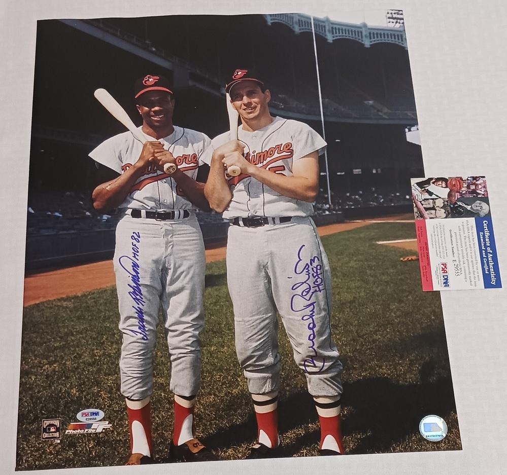 Dual Signed Autographed 16x20 Photo Orioles Frank & Brooks Robinson HOF Inscriptions PSA COA