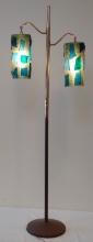 Vintage Mid Century Modern MCM Pole Lamp 2 Shades Plastic Blue Green Metal Works 60'' Base 2 Piece