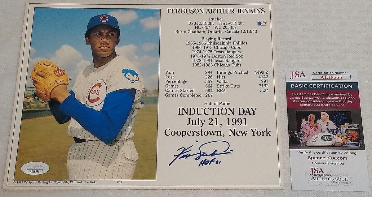 Fergie Jenkins Autographed Signed 8x10 Photo HOF Induction Card JSA COA Cubs MLB