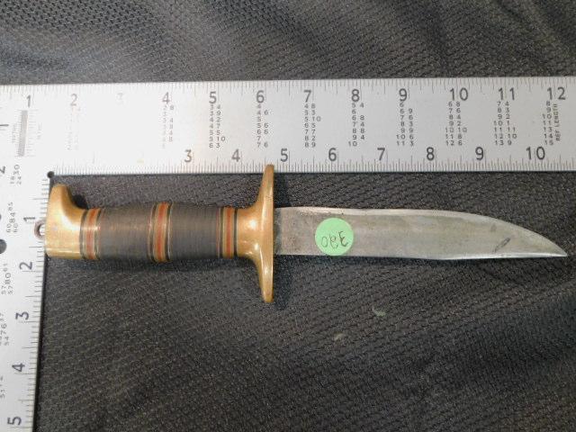 Richtig 10 1/2 inch Military Brass and Leather Handled Knife, with Grommet 6 3/4 inch blade has mark